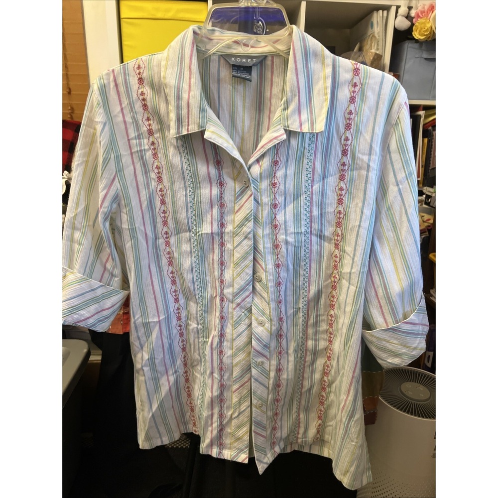 Koret Womens White Embroidered Striped Button Up Blouse Size M 3/4 Sleeve Top